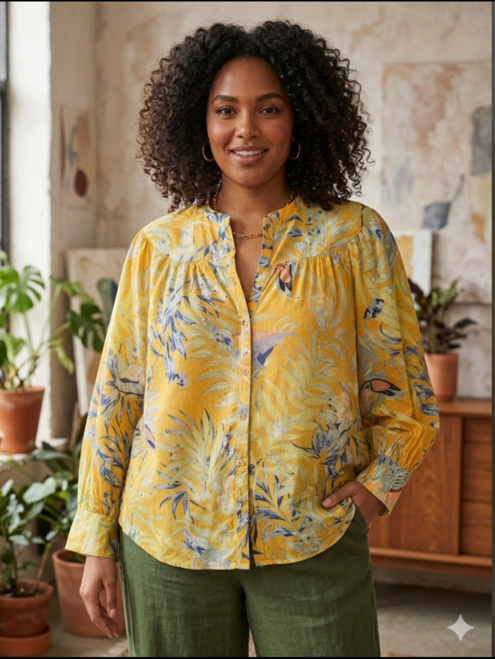 Anthropologie Button Down Shirt Blouse Bird Floral 3X Boho Peasant Tropical